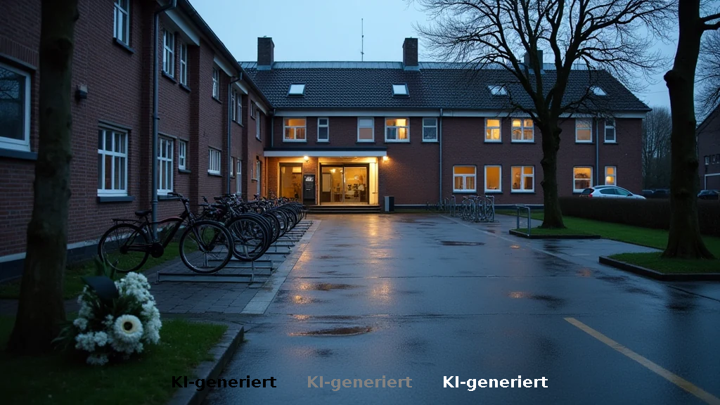 Menschenfreies Symbolbild einer niederländischen Schulumgebung mit Blumen und Absperrband nach einem schweren Unfall