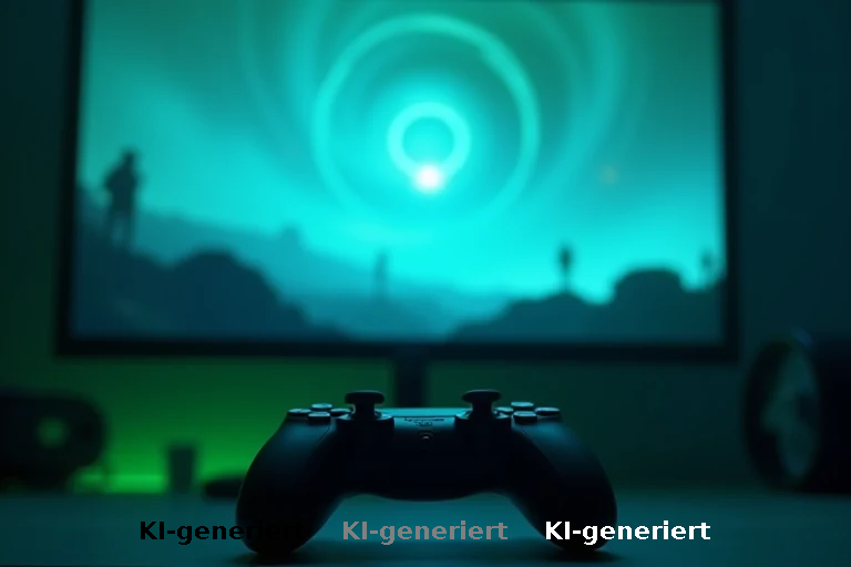 Generisches Sci-Fi-Gaming-Symbolbild mit Controller und futuristischer Bildschirmansicht