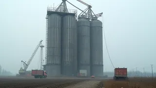 Instabiles Silo in Selm: Kräne sichern drohenden Einsturz am Raiffeisenmarkt