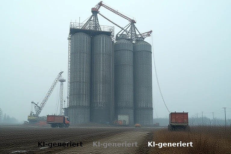 Instabiles Silo in Selm: Kräne sichern drohenden Einsturz am Raiffeisenmarkt