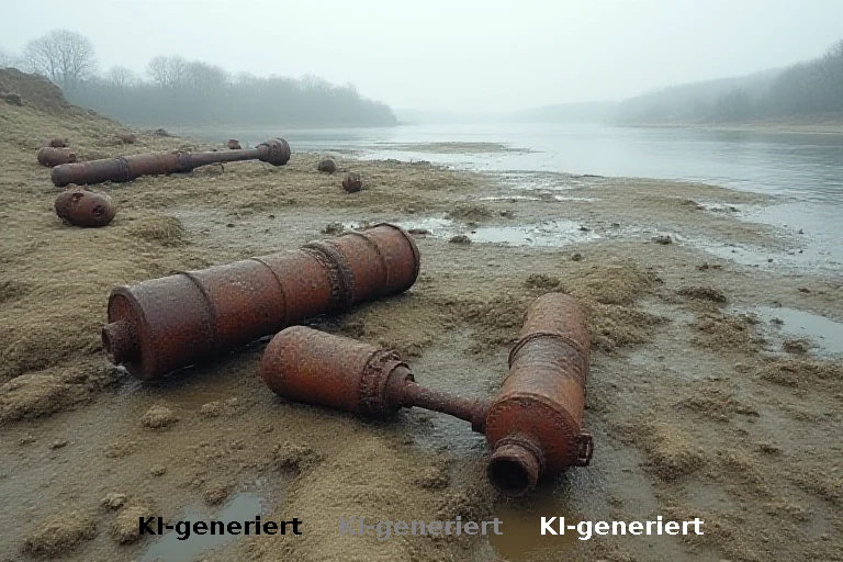 Niedrigwasser enthüllt historische Sprengstofffunde am Rhein