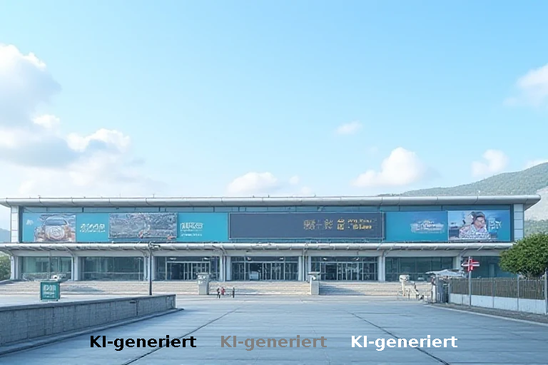 Reklame für Grenzüberquerung vor Eröffnung des Huanggang-Terminals