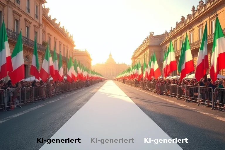 Symbolbild: italienische Flaggen, leere Proteststrecke und Absperrgitter zur Remigrationsdebatte, menschenfrei