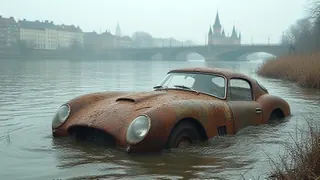 Rostiger Opel Manta aus der Donau als touristischer Anziehungspunkt in Neu-Ulm
