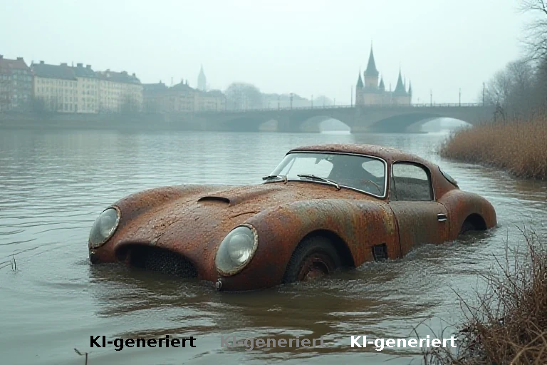 Rostiger Opel Manta aus der Donau als touristischer Anziehungspunkt in Neu-Ulm