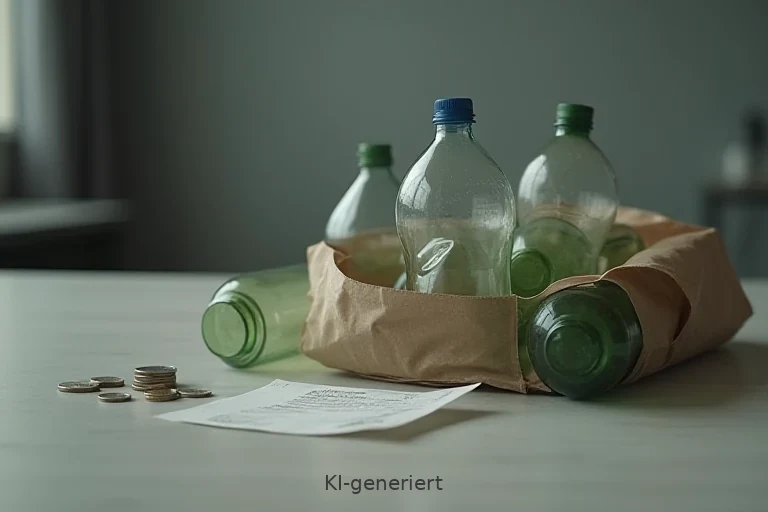 Pfandflaschen, Münzen und ein Beleg als Symbolbild für Grundsicherung und Bürokratie.
