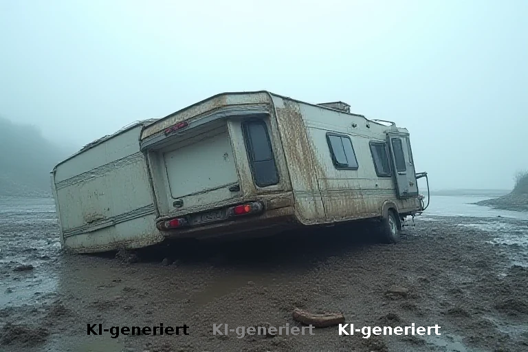 Wohnwagen-Gespann überschlägt sich an Baggersee in Friedberg